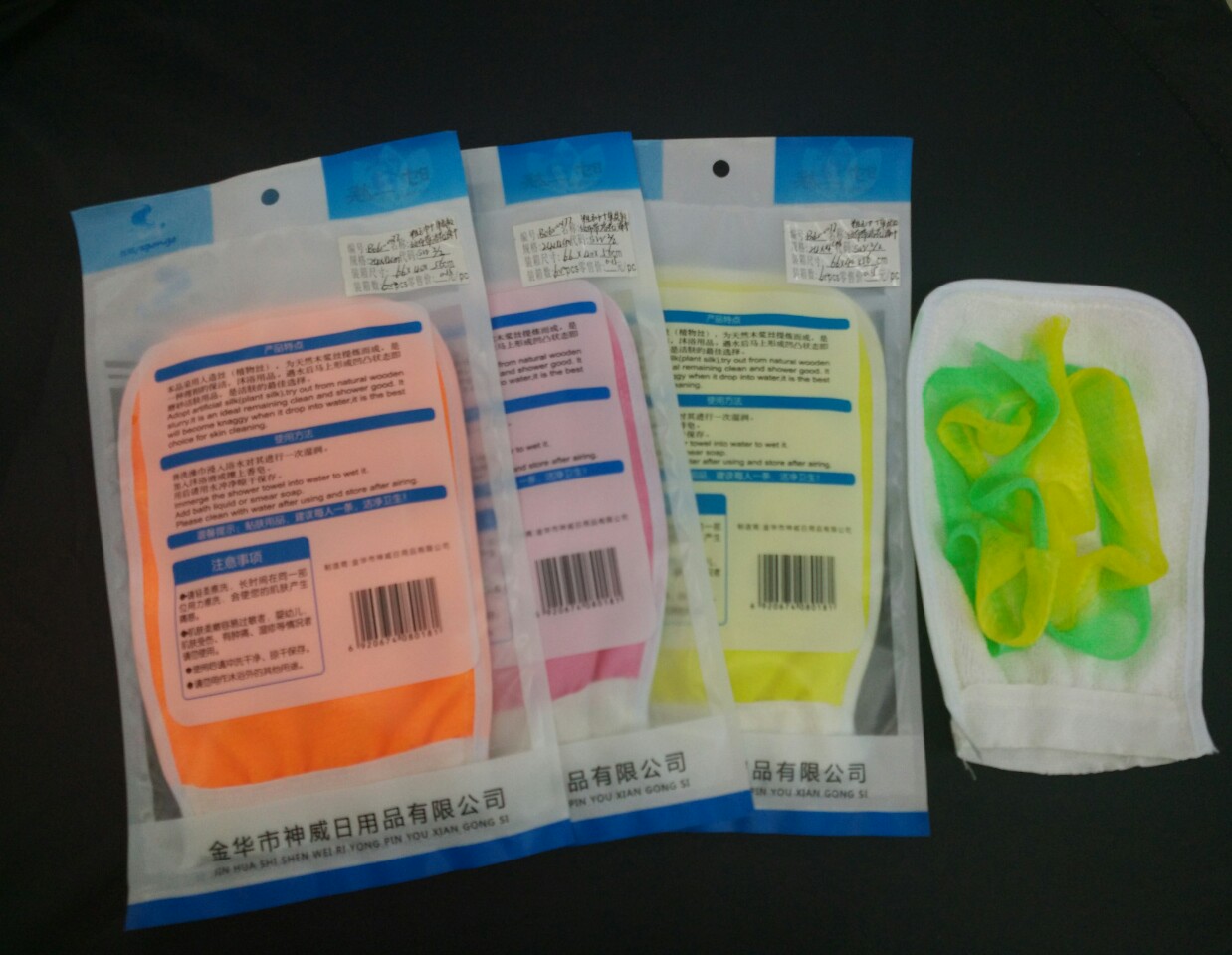 厂家直销粗毛巾+单层皱纹布带浴花澡巾/手套产品图