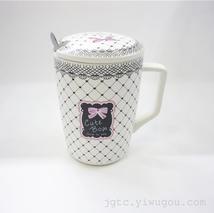 义乌好货骏工陶瓷可爱的蝴蝶结陶瓷杯带盖勺马克杯创意礼品杯陶瓷茶杯陶瓷咖啡杯镁质瓷批发