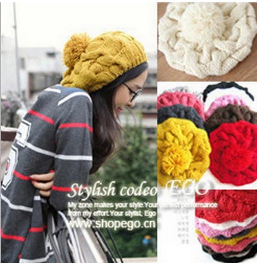 南瓜帽大球贝雷帽 粗毛线针织帽子 可爱女绒线帽
