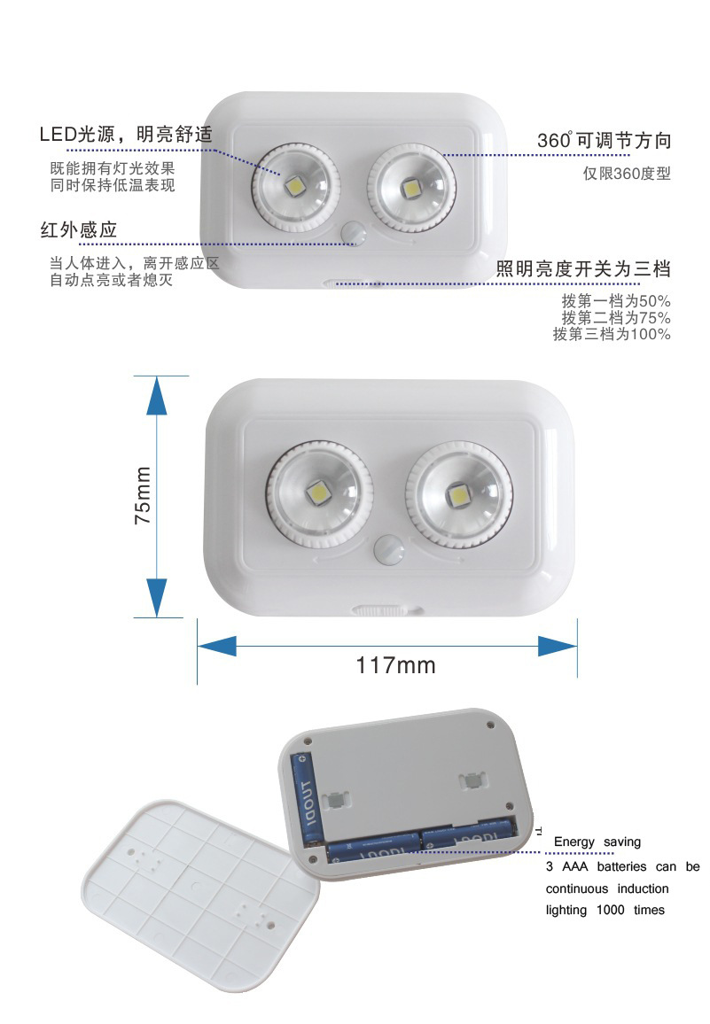 Sensor wardrobe light, led night light, battery sensor cabinet light, drawer light, mirror front light Specification image