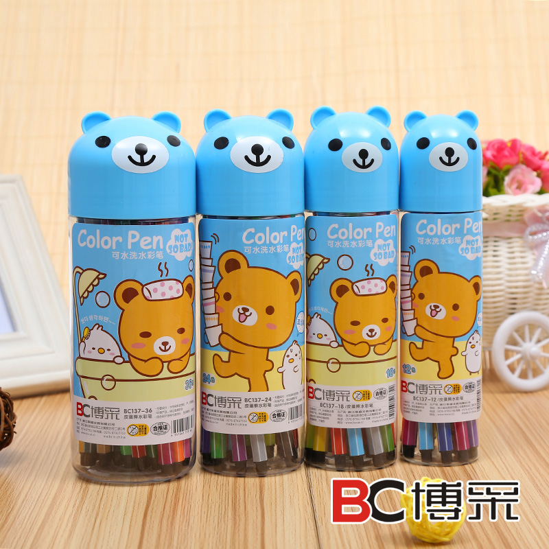 厂家新款 皮蛋熊软桶可水洗水彩笔 博采文具137-12