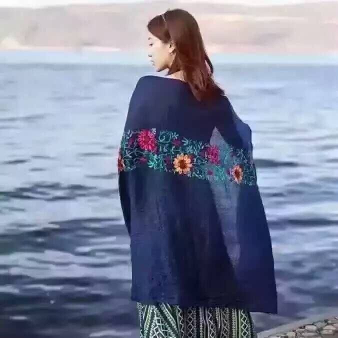 刺绣亚麻花朵尼泊尔棉麻围巾防晒两用丝巾女民族风披肩