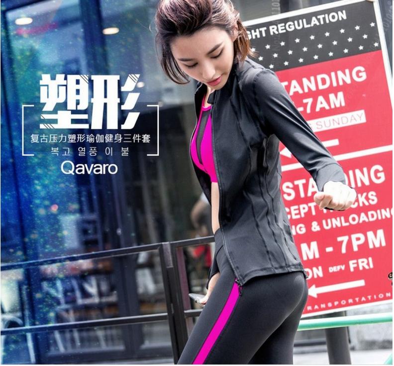 Yoga wear three-piece women's sexy mesh beauty back bra long sleeve zipper sportswear