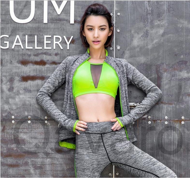 瑜伽服三件套女 性感网纱美背文胸长袖拉链运动套装产品图