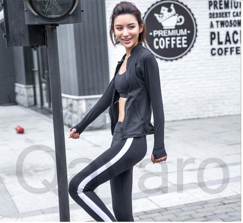 瑜伽服三件套女 性感网纱美背文胸长袖拉链运动套装细节图
