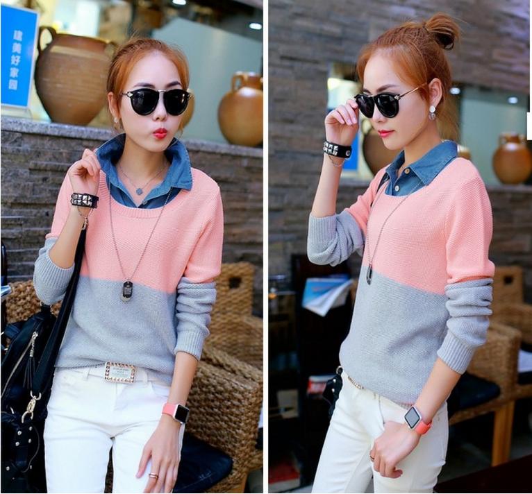 Fall new candy color loose matching color sweater denim collar fake two-piece sweater woman