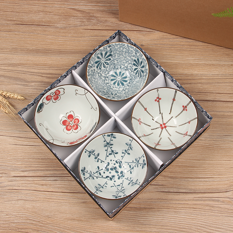 Underglaze color painted four bowls set, 4 head ceramic tableware gift Set, ceramic bowl set