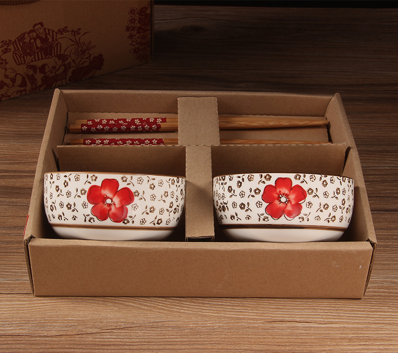 Red Fugui Two Bowls Two Chopsticks Set Four Bowls Four Chopsticks Ceramic Tableware Gift Ceramic Bowl Set details Picture