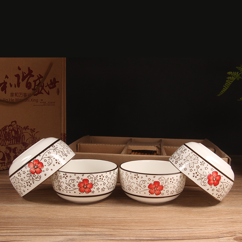 Red Fugui Two Bowls Two Chopsticks Set Four Bowls Four Chopsticks Ceramic Tableware Gift Ceramic Bowl Set