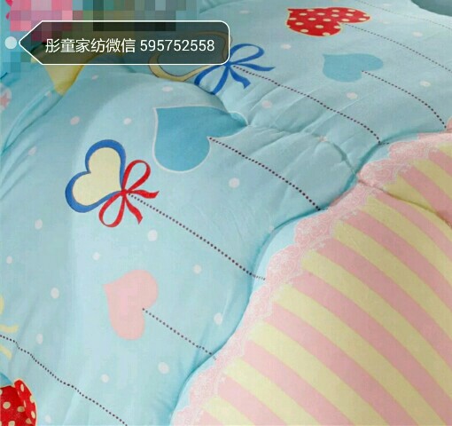 Close-up of printed winter quilt showing intricate fabric design