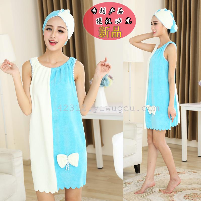 Ultra-fine fiber super absorbent bath skirt home wear comes with a dry hair cap and a color-blocked bath skirt set