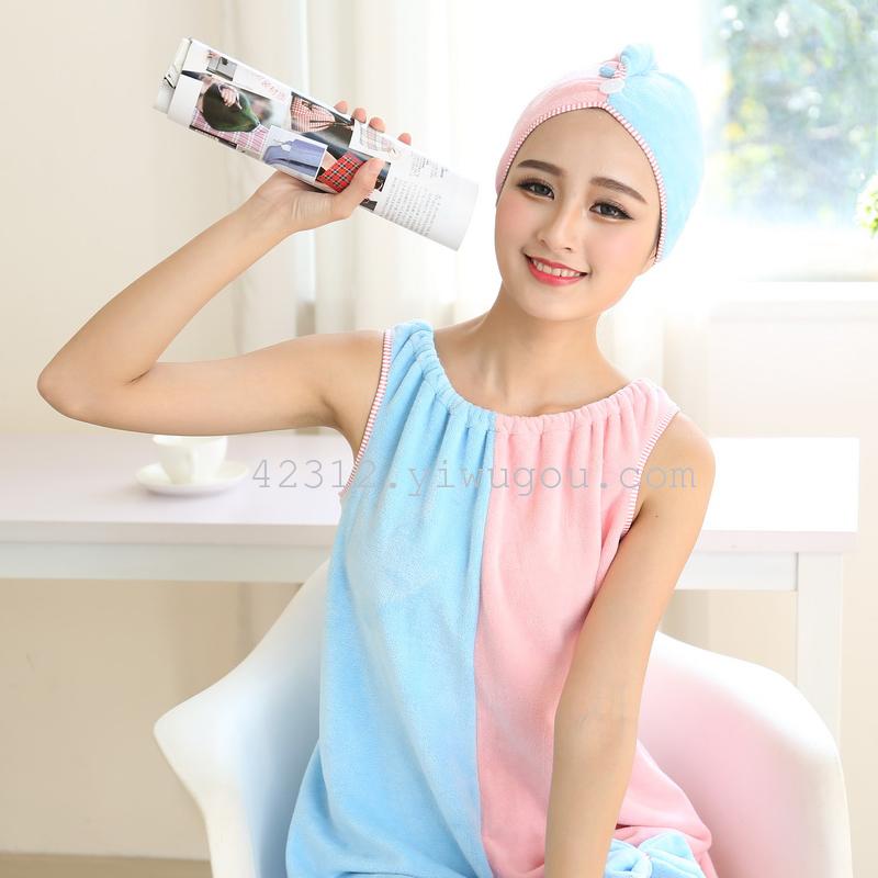 Ultra-fine fiber super absorbent bath skirt home wear comes with a dry hair cap and a color-blocked bath skirt set Specification image