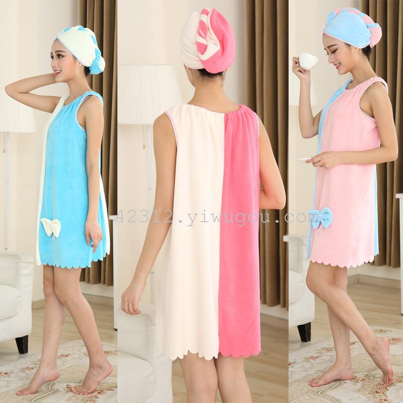 Ultra-fine fiber super absorbent bath skirt home wear comes with a dry hair cap and a color-blocked bath skirt set details Picture