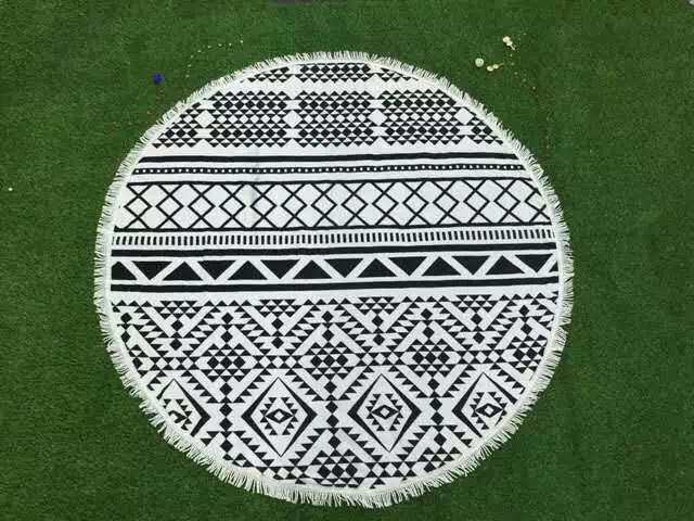 Extra-large pure cotton fringed round beach towel, ultra-fine fiber reactive printed bath towel, round blanket cape