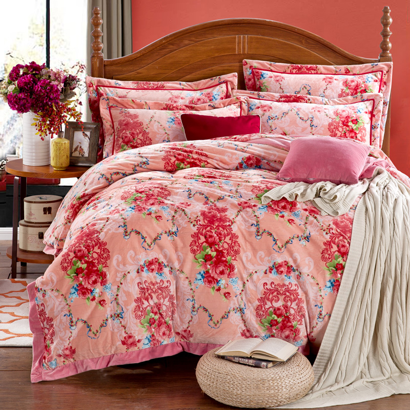 Flannel Short Hair Ab 4-Piece Bedding With Thick Warm Simple Coral Suede Cover Sheet details Picture