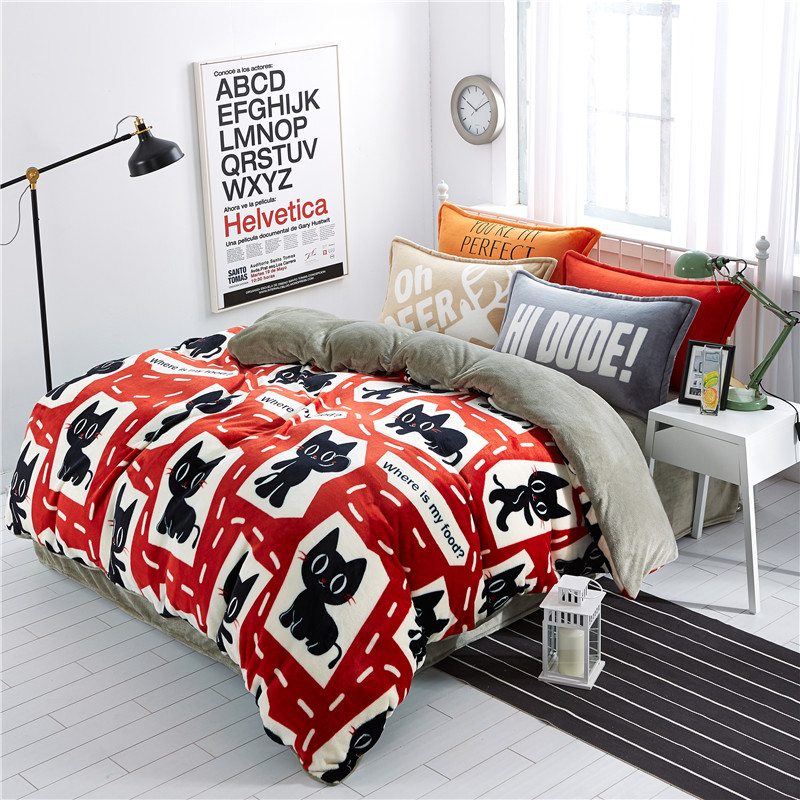 Flannel Thickened Warm Four-Piece Set Of Solid Color Simple Coral Suede Duvet Set Bed Linen Application Scenario