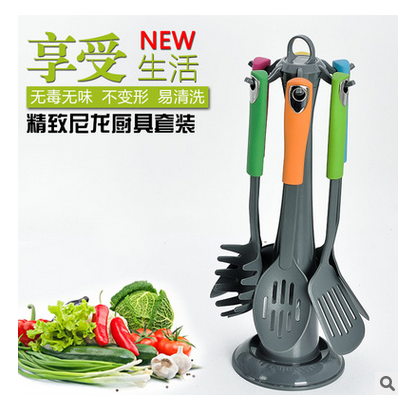 Rubber handle nylon kitchenware set Kitchen spoon shovel 6-piece set rubber handle with rack hanging non-stick pan thumbnail
