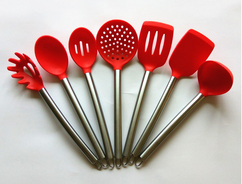硅胶厨具7件套厨房用具不锈钢手柄锅铲漏匙漏铲面捞汤勺