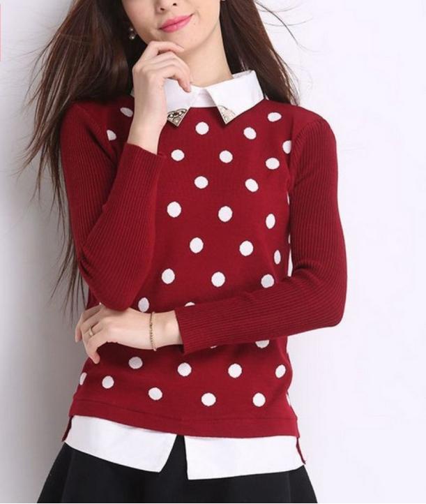 Sweater women pullover short Korean version shirt collar fake two-piece base sweater knit lips
