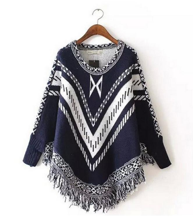 新款 欧美风流苏套头披肩蝙蝠袖圆领针织斗篷毛衣