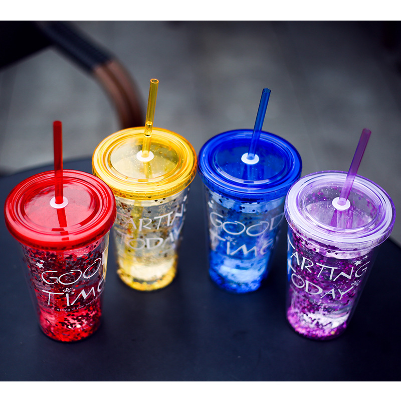 Factory direct sales of double-layer straw plastic cups, gold powder cups, fun drinking cups, and colorful gold powder plastic cups details Picture