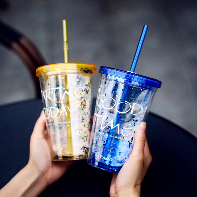 Factory direct sales of double-layer straw plastic cups, gold powder cups, fun drinking cups, and colorful gold powder plastic cups Specification image
