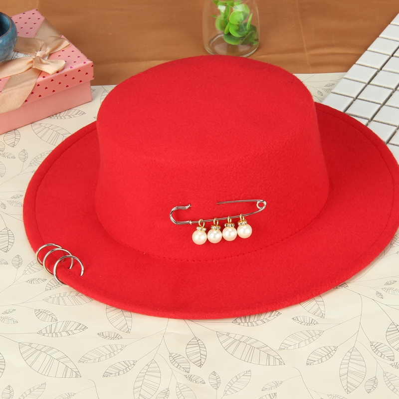 Wide Brim Hat Top Hat Lady Fashion British Fashion Korean Version Of Autumn And Winter Ring Sunscreen Pin Pearl Wool Felt Hat details Picture