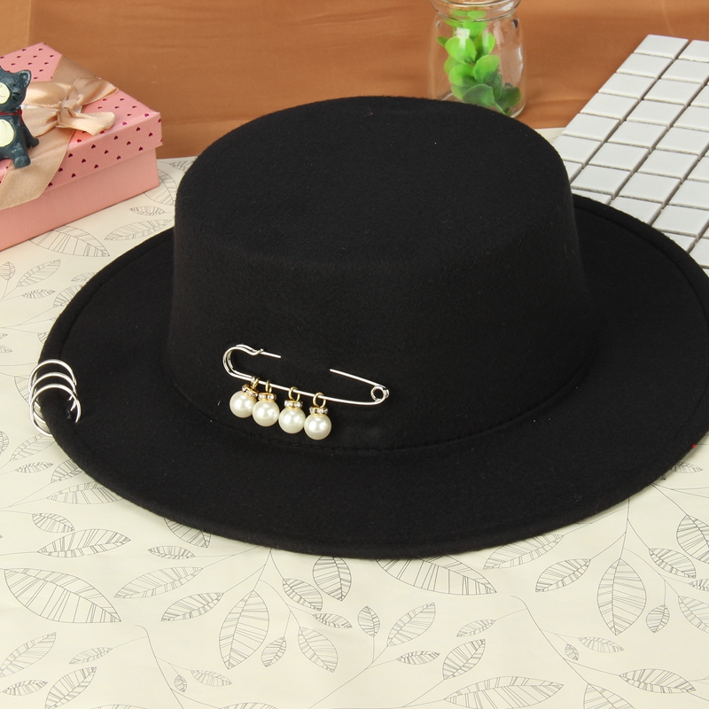 Wide Brim Hat Top Hat Lady Fashion British Fashion Korean Version Of Autumn And Winter Ring Sunscreen Pin Pearl Wool Felt Hat
