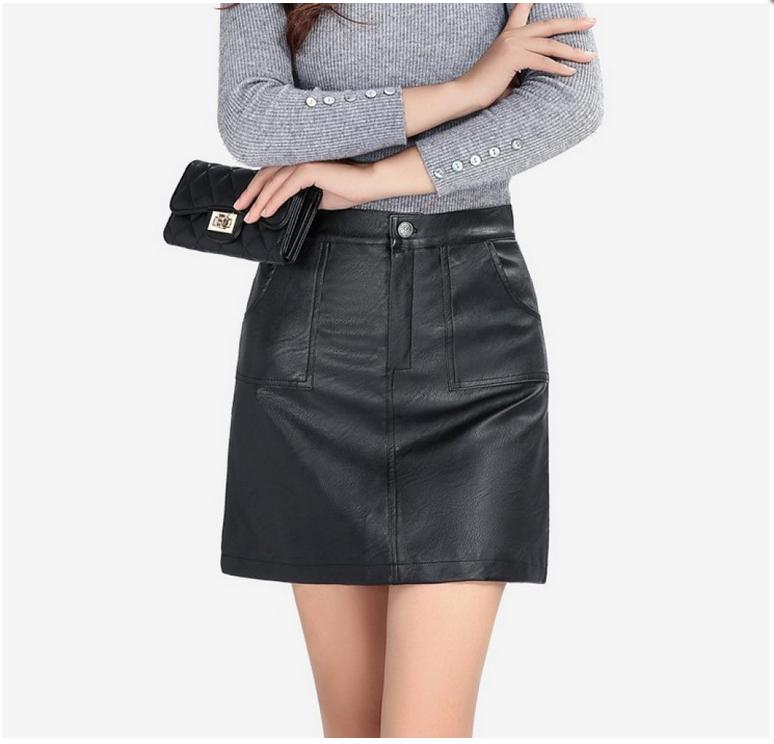 New high waist large size pocket black thin skirt pu small leather skirt A-line skirt