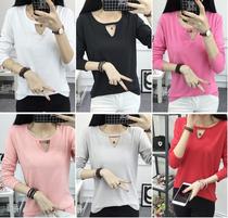 Long sleeve women's base shirt solid color hollow V-neck student women's blouse autumn and winter T-shirt