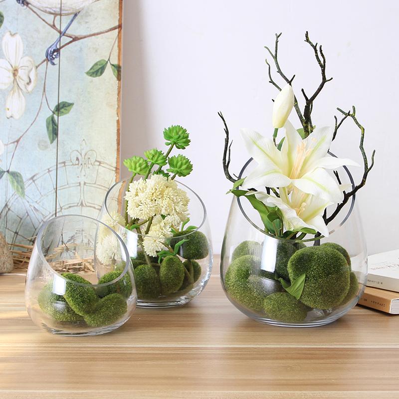 玻璃透明花瓶 斜口台面花瓶 水培绿萝 客厅餐桌摆饰花瓶