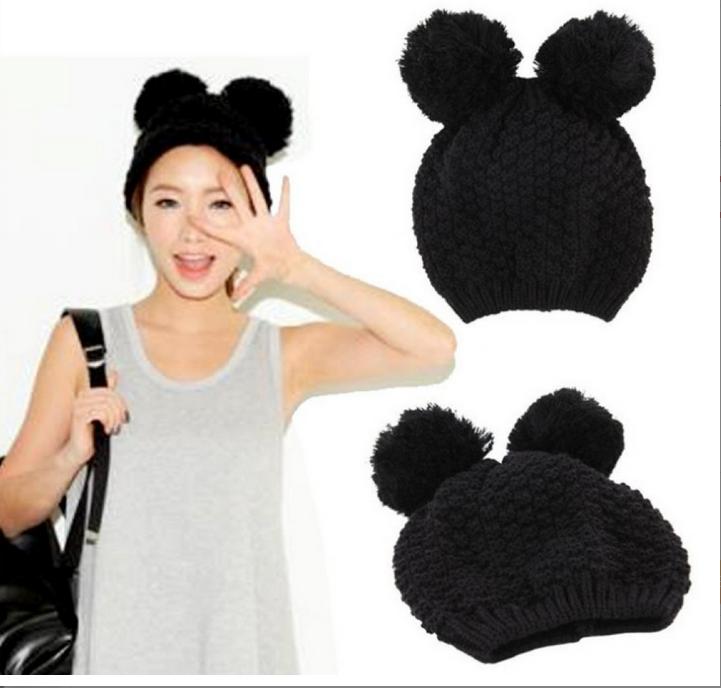 可爱耳朵针织帽女秋冬毛线帽子毛球帽猫耳帽产品图