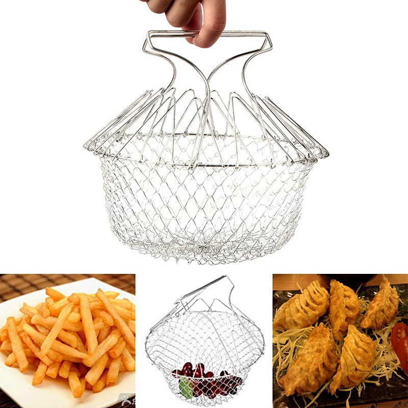 Stainless steel telescopic deep-frying basket, draining basket, folding fruit basket, and tools for frying strips Application Scenario