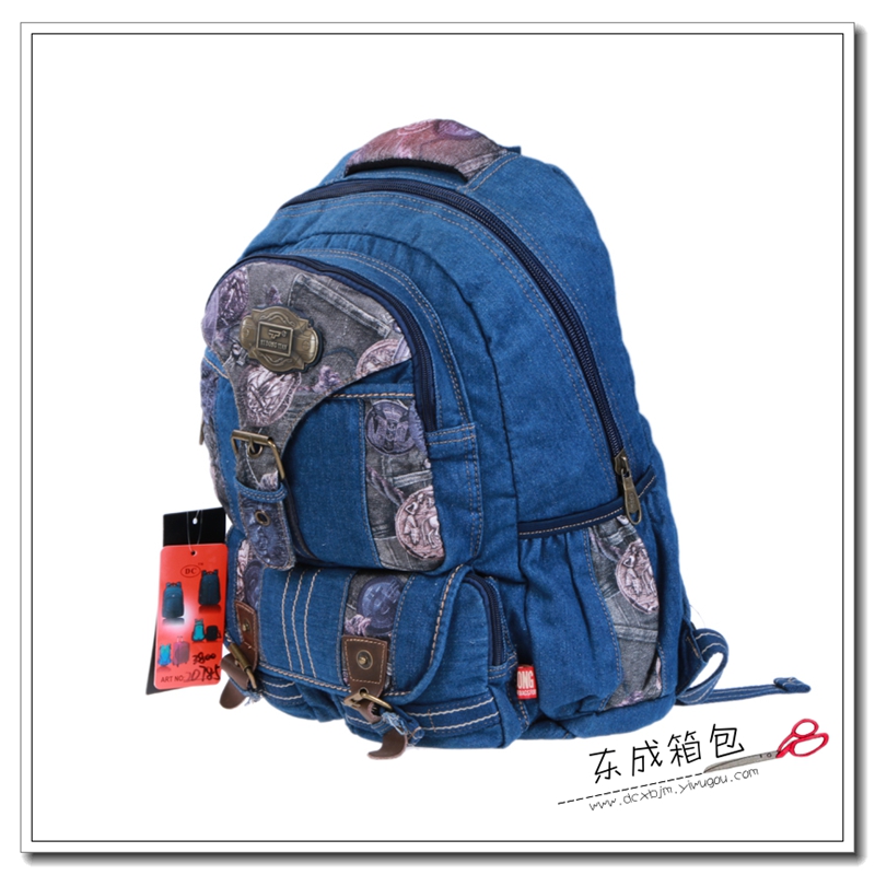 复古牛仔布欧美潮流英伦高中大学院双肩包产品图