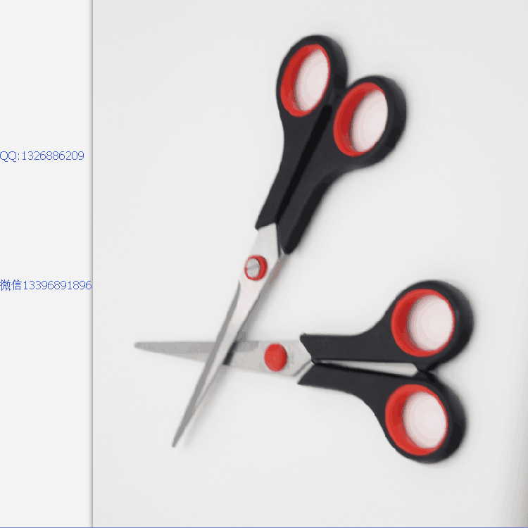Office and study supplies: Rubber and plastic office scissors, student office scissors, black handle and red inner ring office scissors Specification drawing