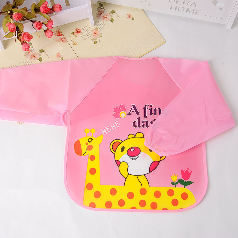 婴儿儿童围兜罩衣防水格子罩衣反穿衣卡通PEVA免洗罩衣批发