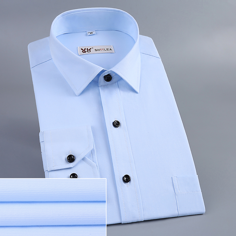 High-end men's long-sleeved shirt for official commuting throughout the four seasons, figure-hugging business horizontal stripe solid color shirt, all-cotton no-iron and anti-wrinkle details Picture