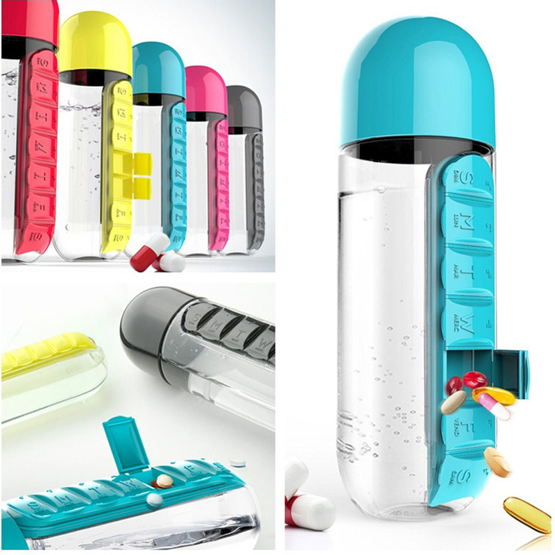 Creative 7-day medicine box Water cup Outdoor sports portable water bottle 2-in-1 capsule cup 600ml