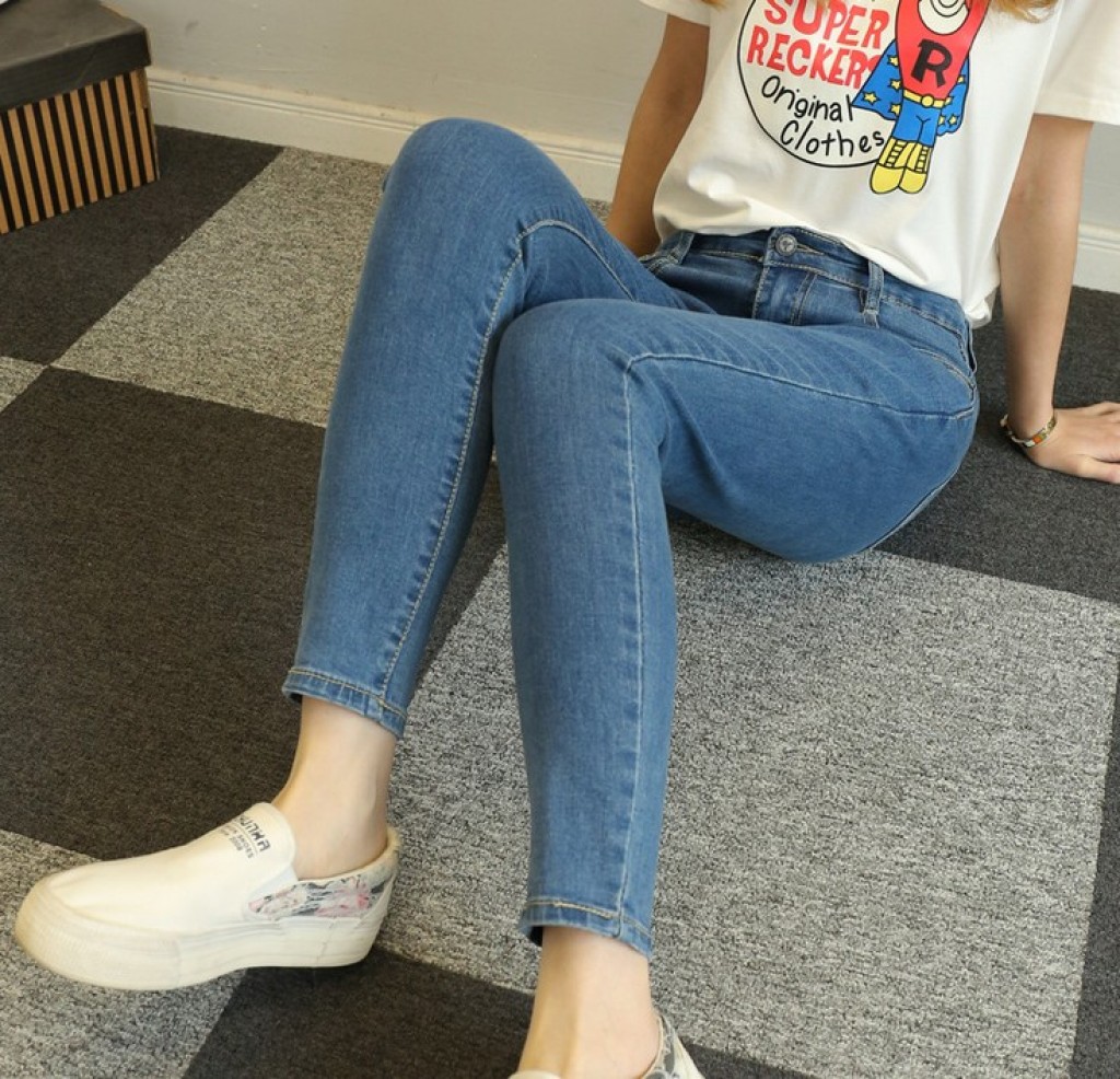 Spring new 9-inch jeans, women's stretch mid-waist slimming pants for small feet