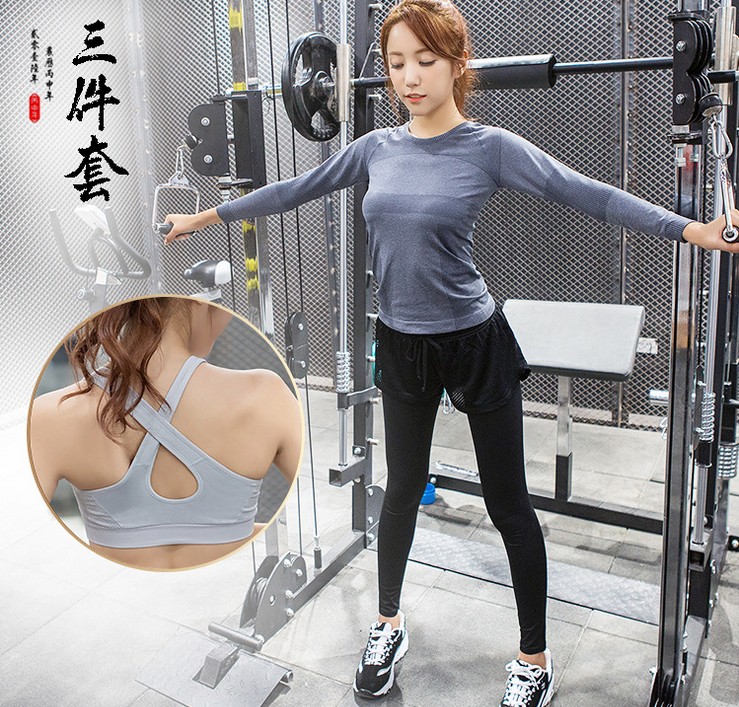 健身操套装 圆领长袖跑步瑜伽服三件套女秋 运动套装