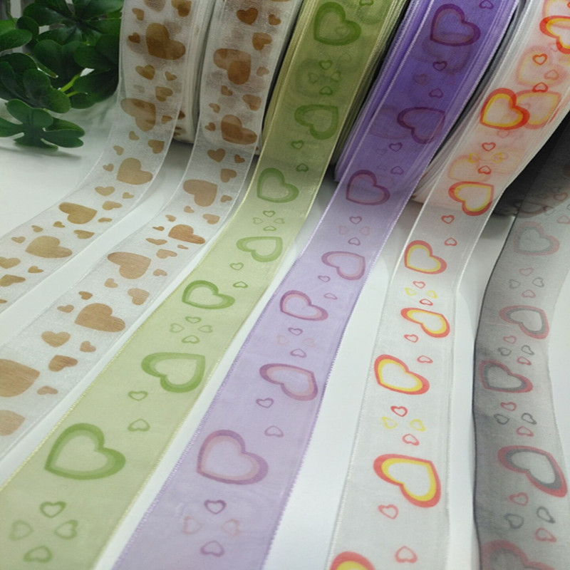 8 minutes 2.5 cm heart-shaped printed gauze ribbon hair accessory clothing gift box packaging ribbon accessories