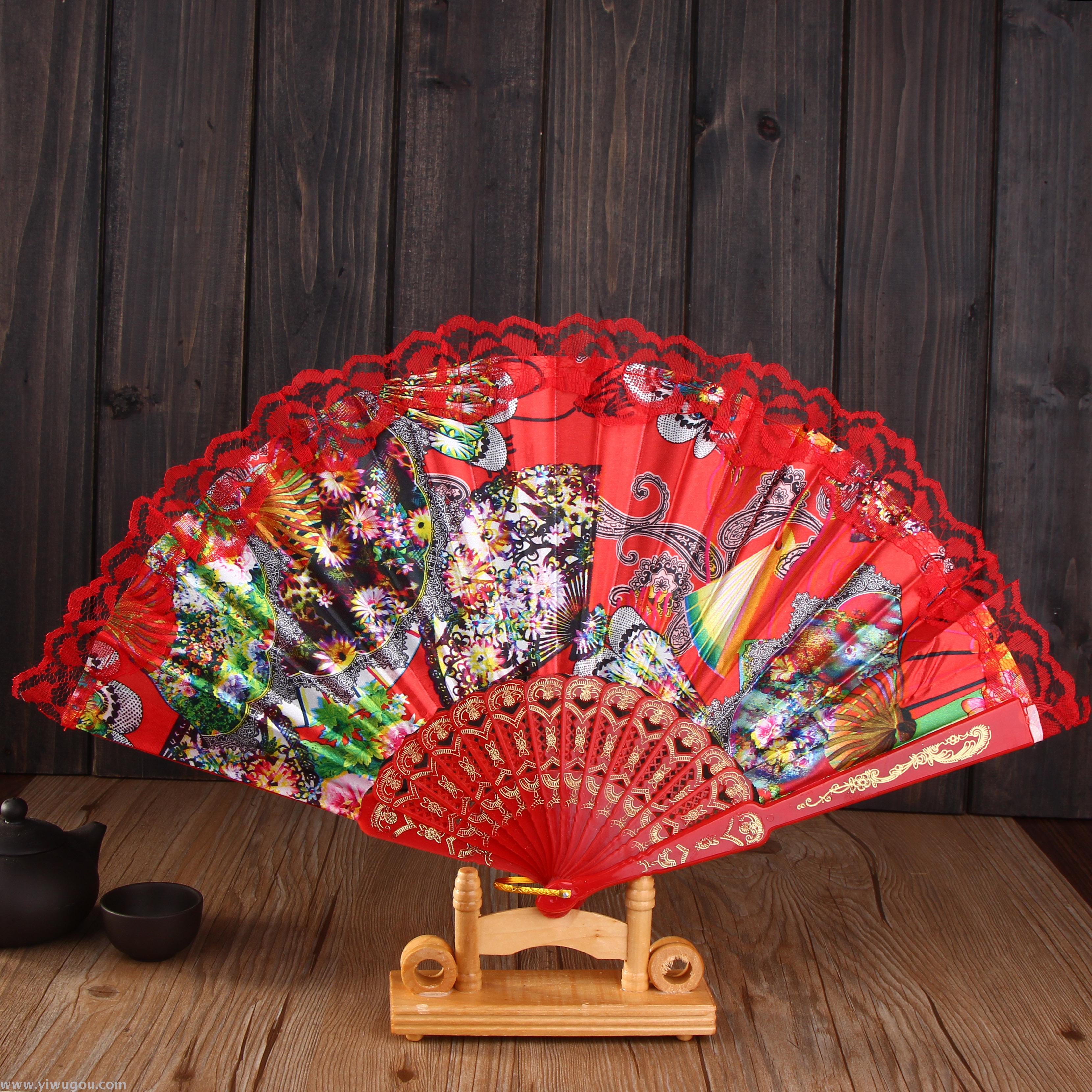 厂家直销烫金彩杆花边扇中扇绸缎印花舞蹈扇女士扇子礼品扇细节图