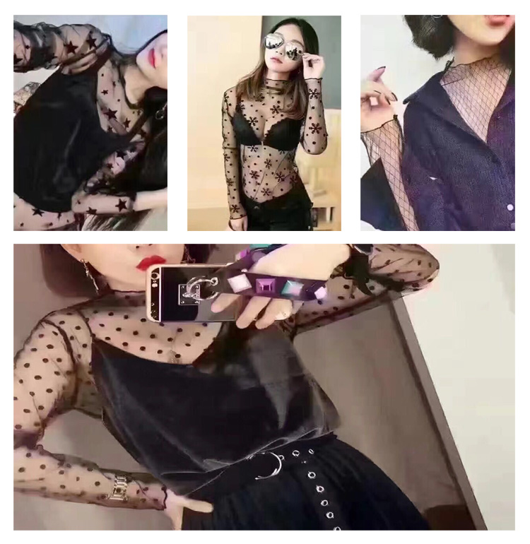 A variety of popular micro-business flocked mesh DIY base layer shirts, see-through outfits, fabric designs and production