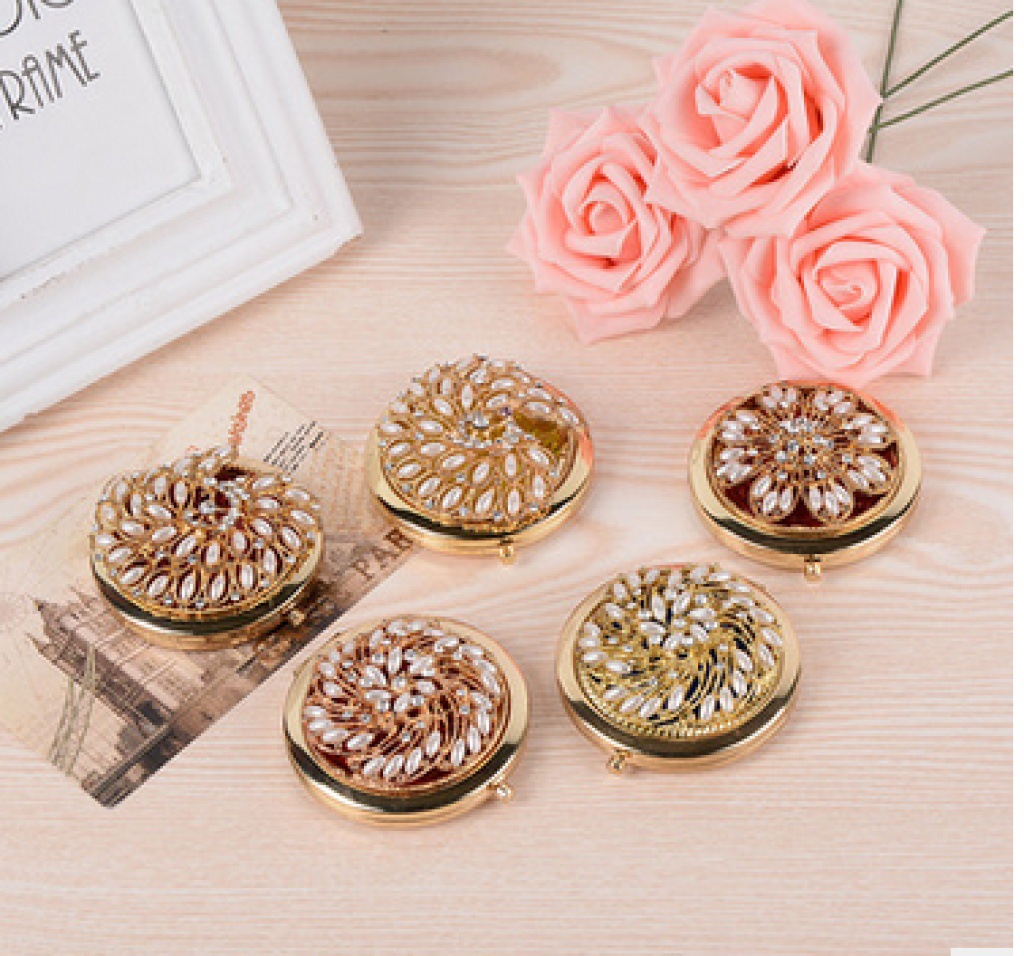 创意镜子欧式风格镜金色珍珠镜镂空双面折叠化妆镜镜子2详情3