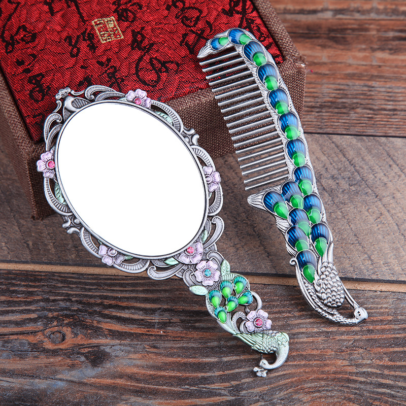 创意单面镜子中式复古便携女化妆镜广告礼品公主镜手柄镜发梳套装详情图3