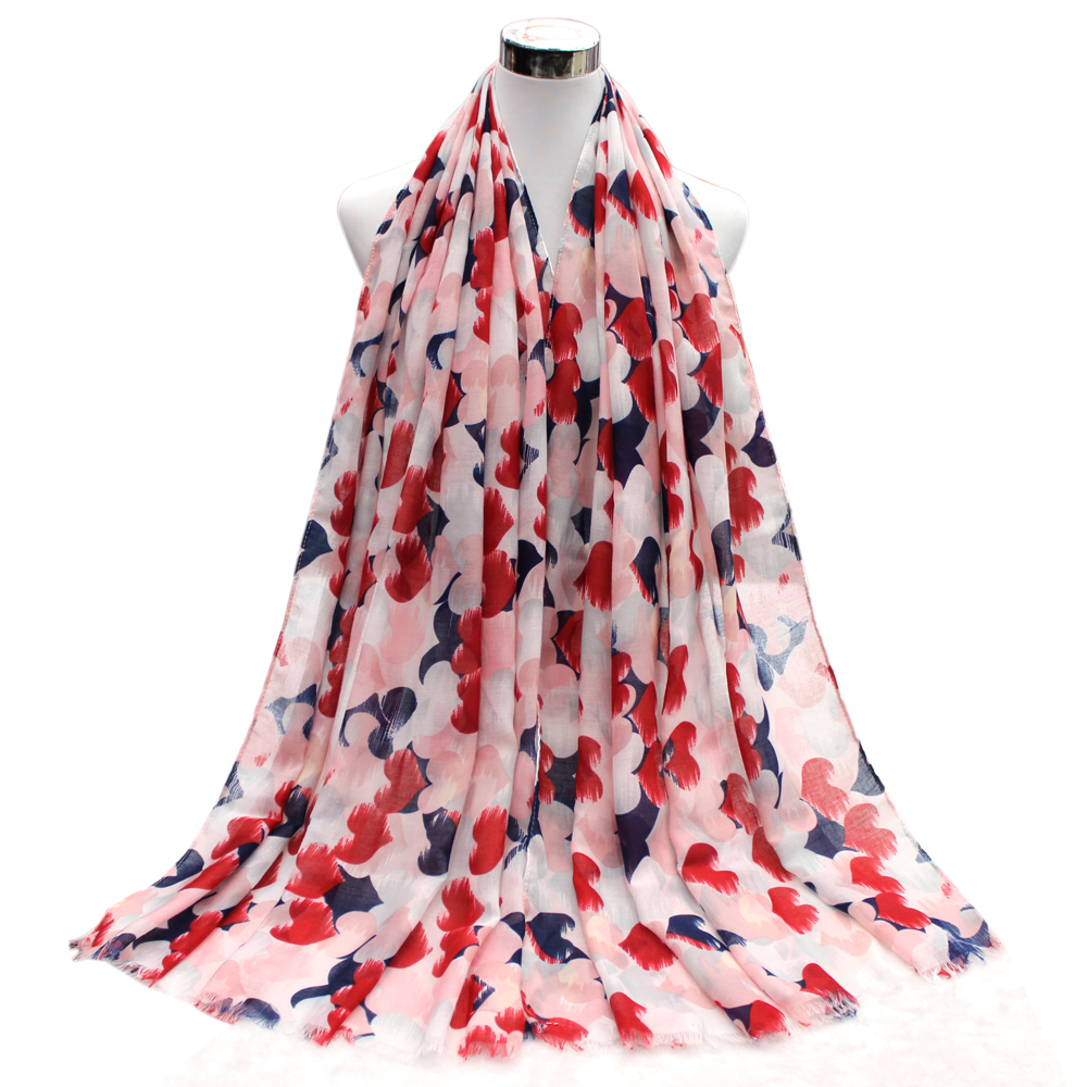 New satin printed scarf with large color heart printed scarf