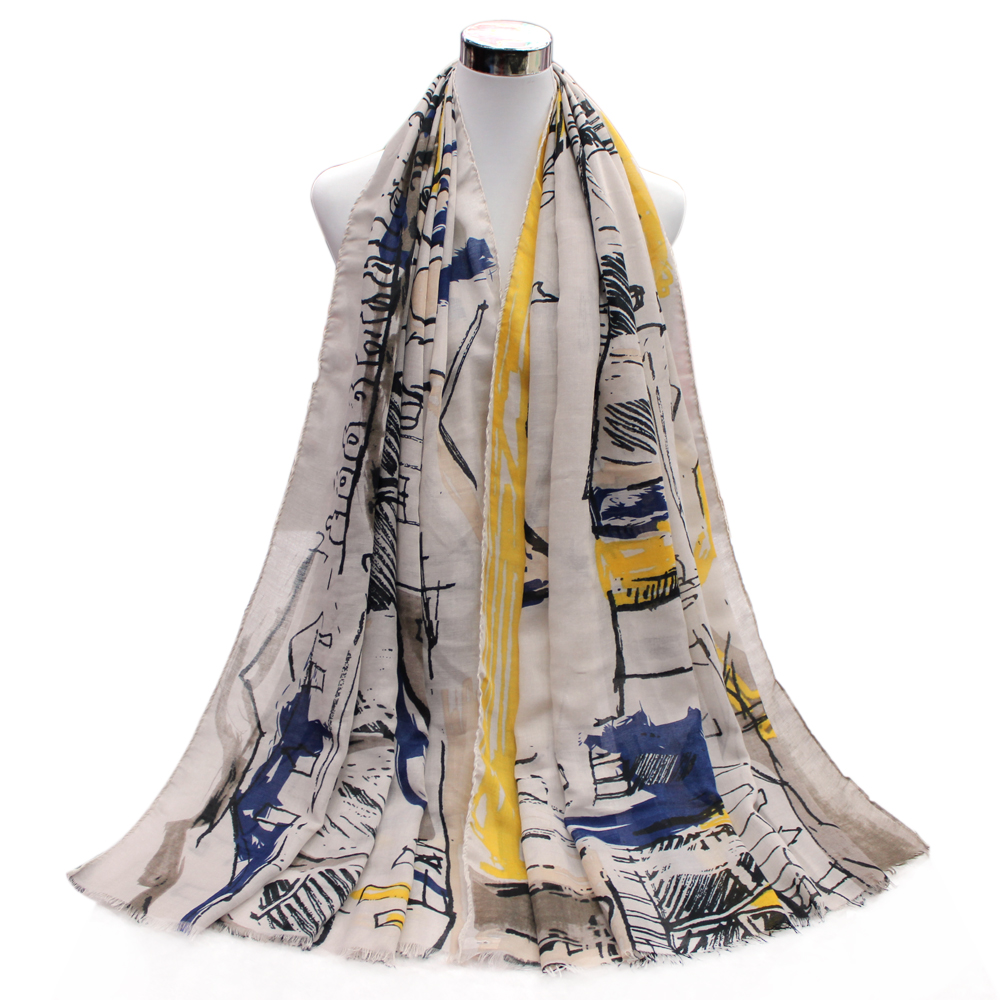 New satin print scarf Small bridge water ink print scarf thumbnail
