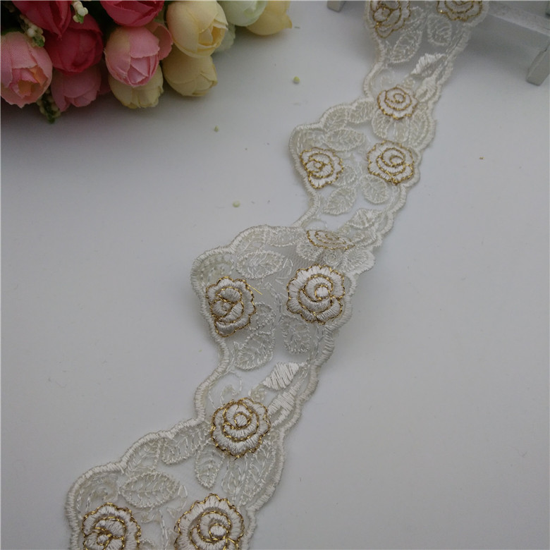 High-end rayon flat gold thread embroidered lace details Picture