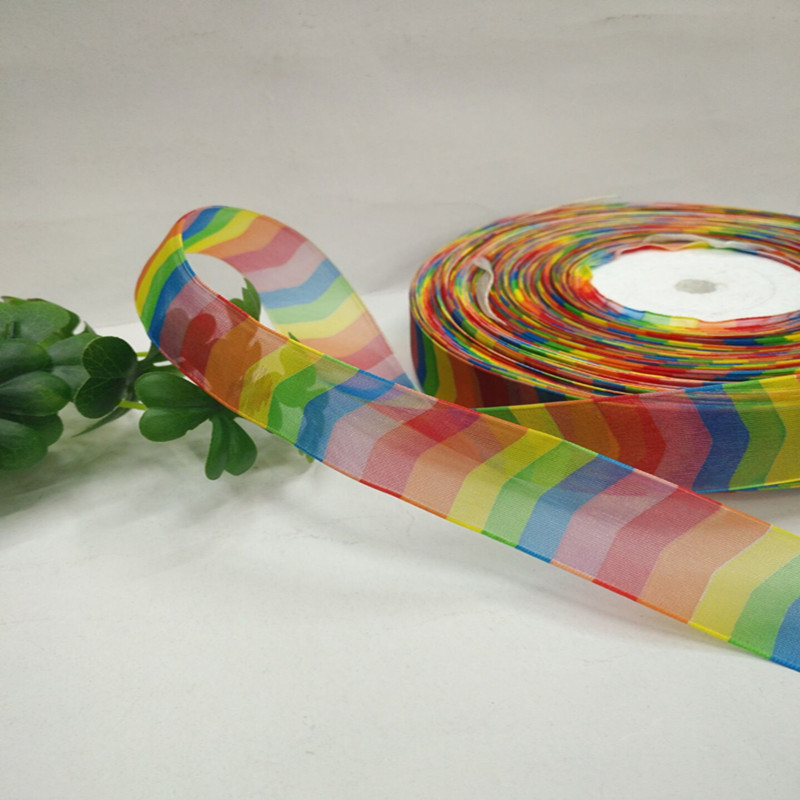 8 minutes 2.5 cm horizontal striped seven-color rainbow gauze ribbon hair accessory clothing bow gauze ribbon details Picture