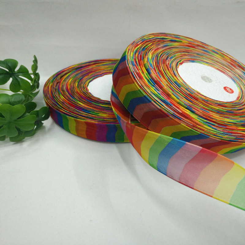 8 minutes 2.5 cm horizontal striped seven-color rainbow gauze ribbon hair accessory clothing bow gauze ribbon
